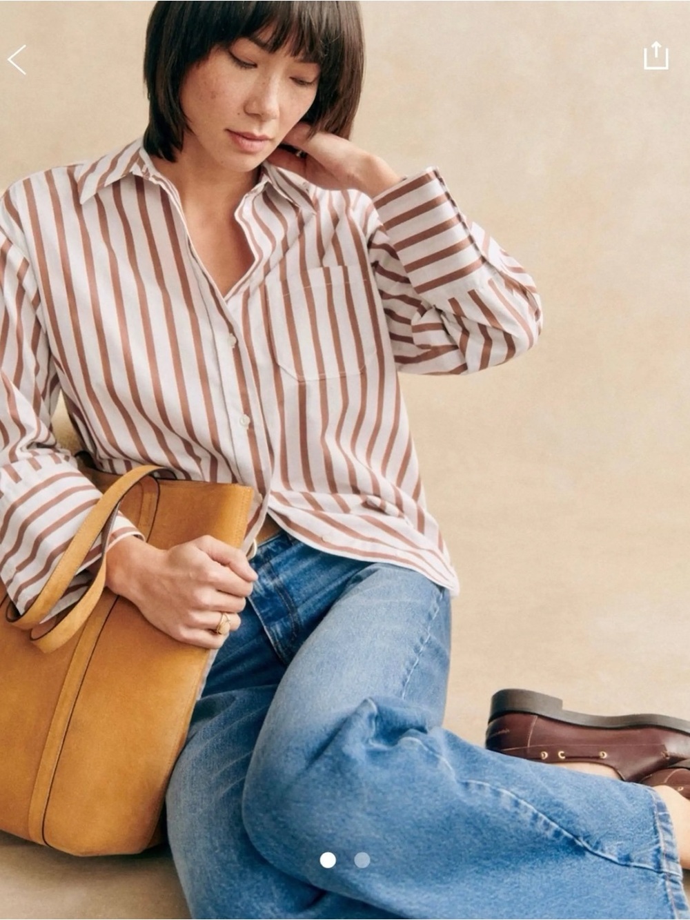Sezane Bilma Striped Button-Down Shirt in Camel Stripes - Like New - SZ 6 - Picture 2 of 4